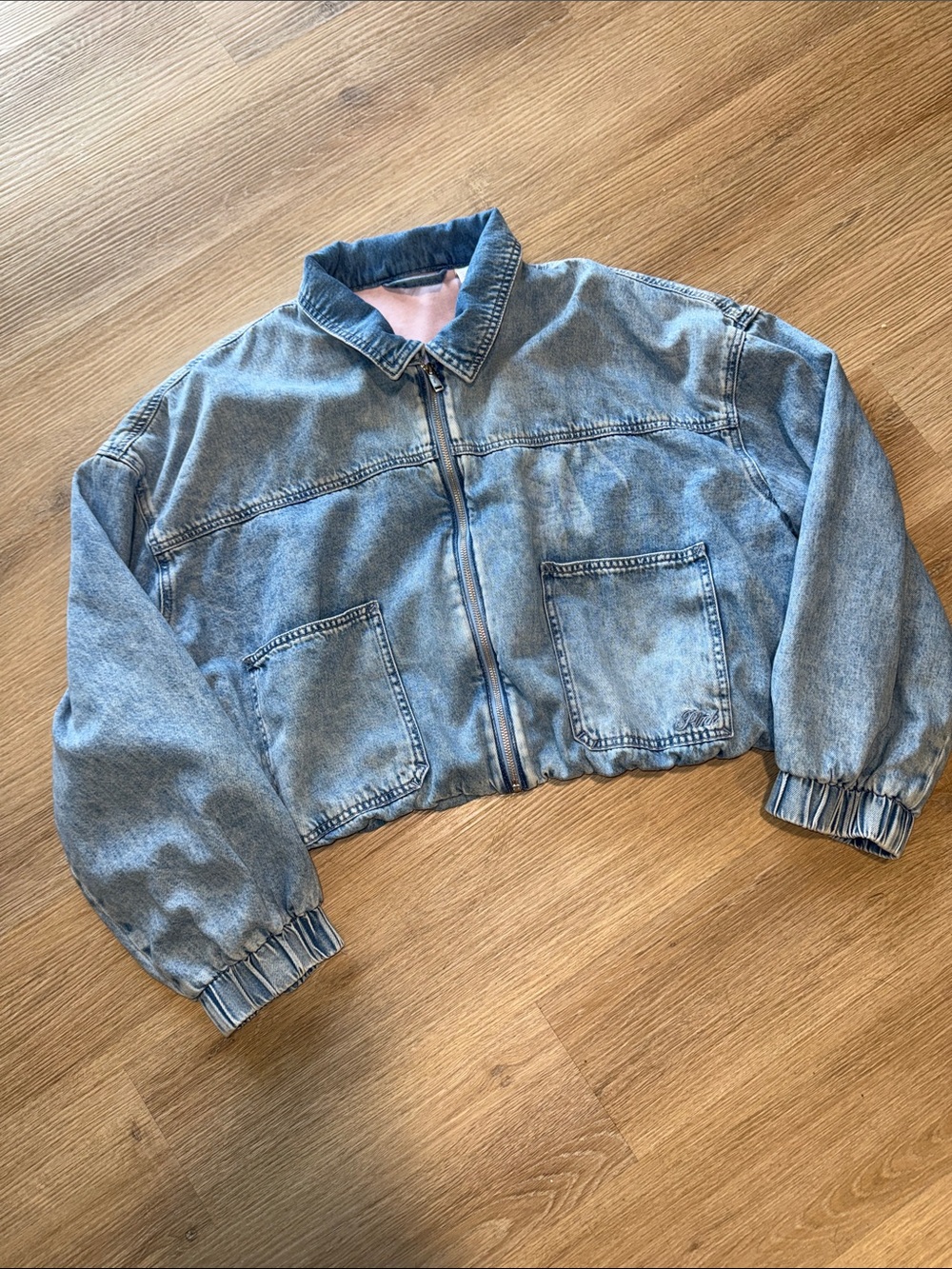VICTORIA'S SECRET PINK Light Blue Wash Cropped Zipper Collared Denim Jean Jacket